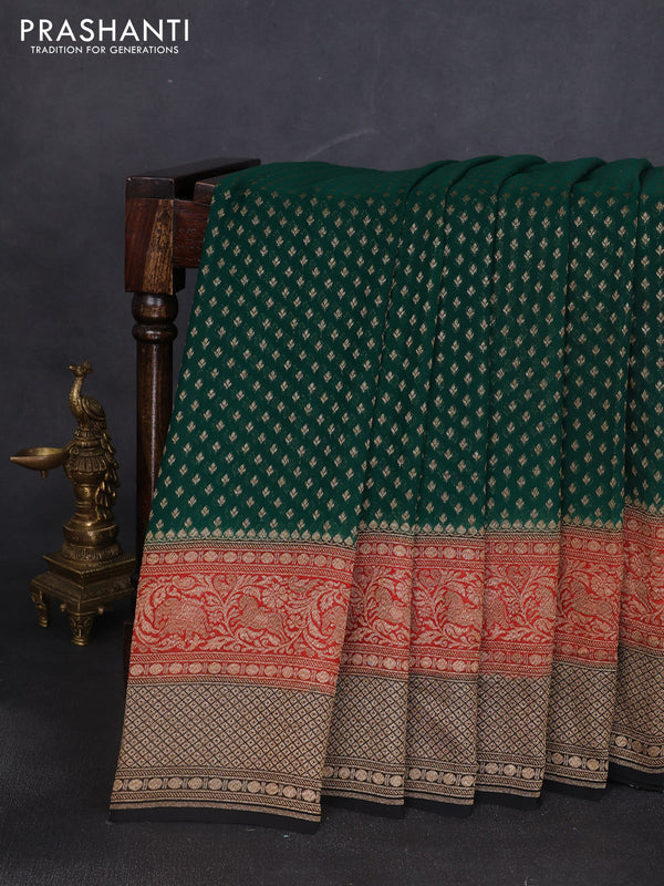Banarasi georgette saree green and orange black with allover thread & zari woven buttas and long woven border