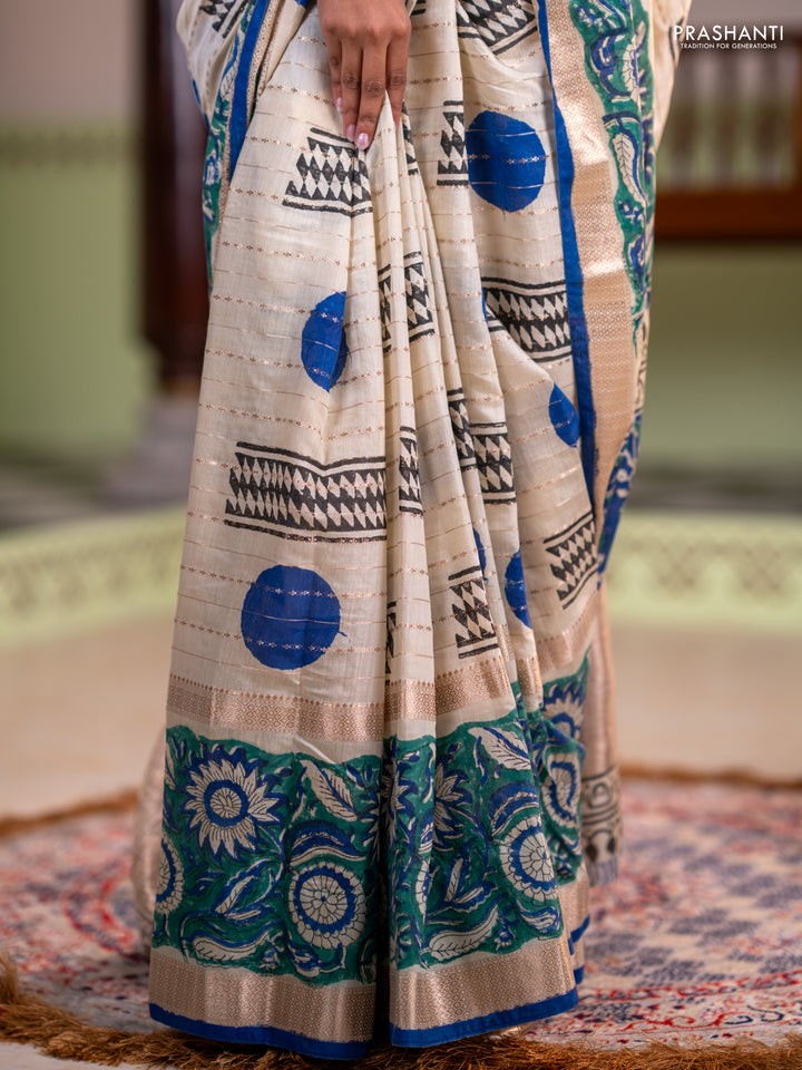 Semi chanderi saree cream and green with allover zari weaves & geometric block prints and long printed border