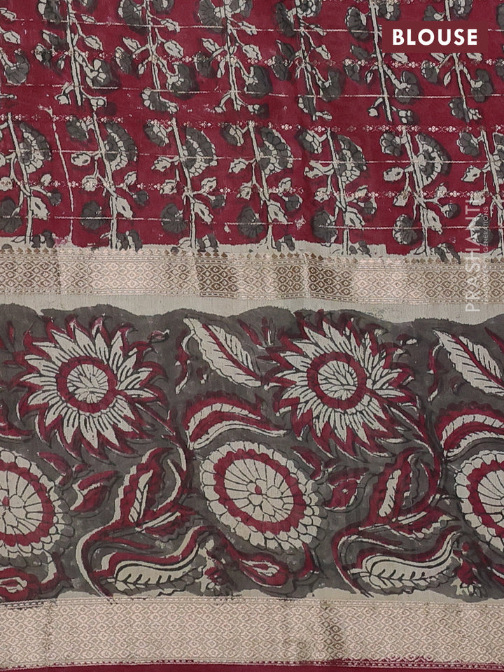 Semi chanderi saree cream and grey with allover zari weaves & geometric block prints and long printed border