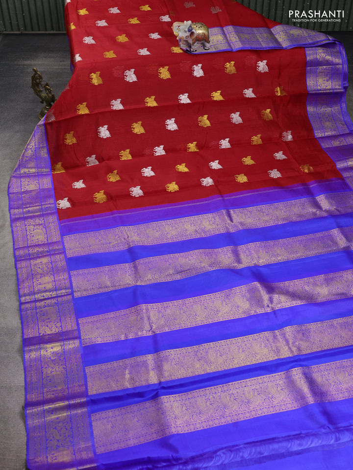 Kora kanchipuram silk saree red and royal blue with allover silver & gold zari woven buttas and zari woven korvai border