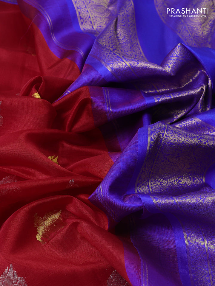 Kora kanchipuram silk saree red and royal blue with allover silver & gold zari woven buttas and zari woven korvai border
