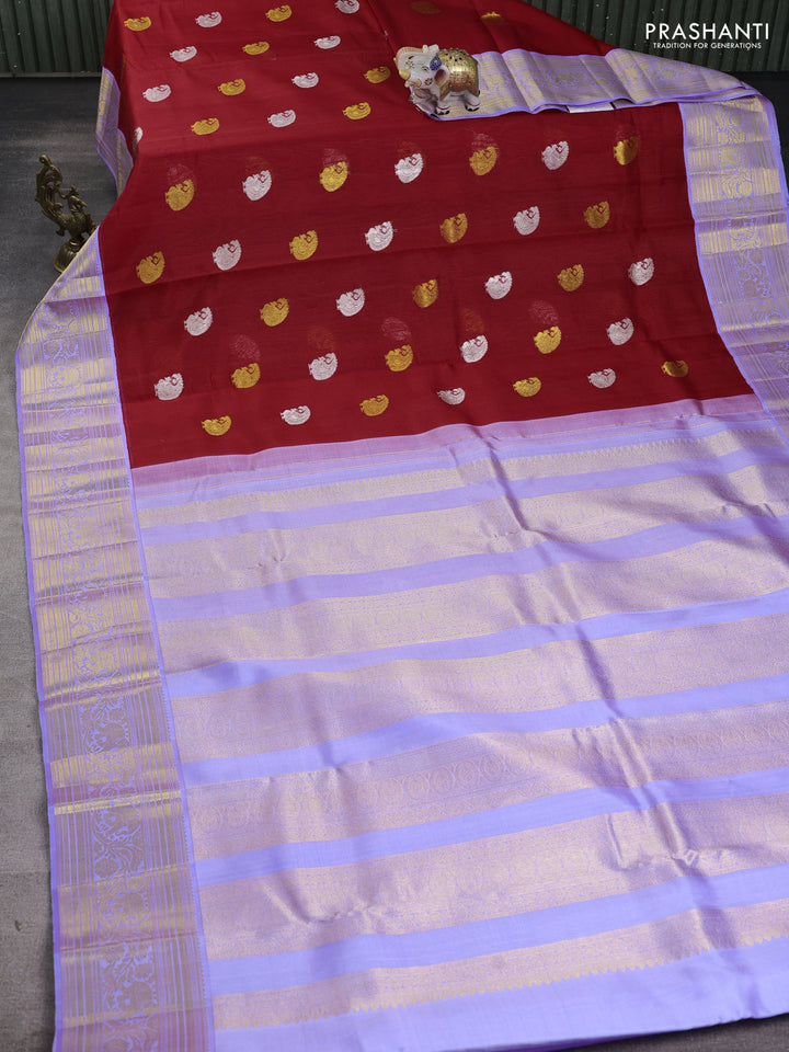 Kora kanchipuram silk saree red and lavender with allover silver & gold zari woven buttas and zari woven korvai border