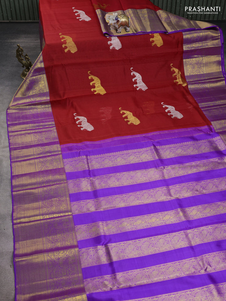 Kora kanchipuram silk saree red and violet with silver & gold zari woven buttas and long zari woven korvai border