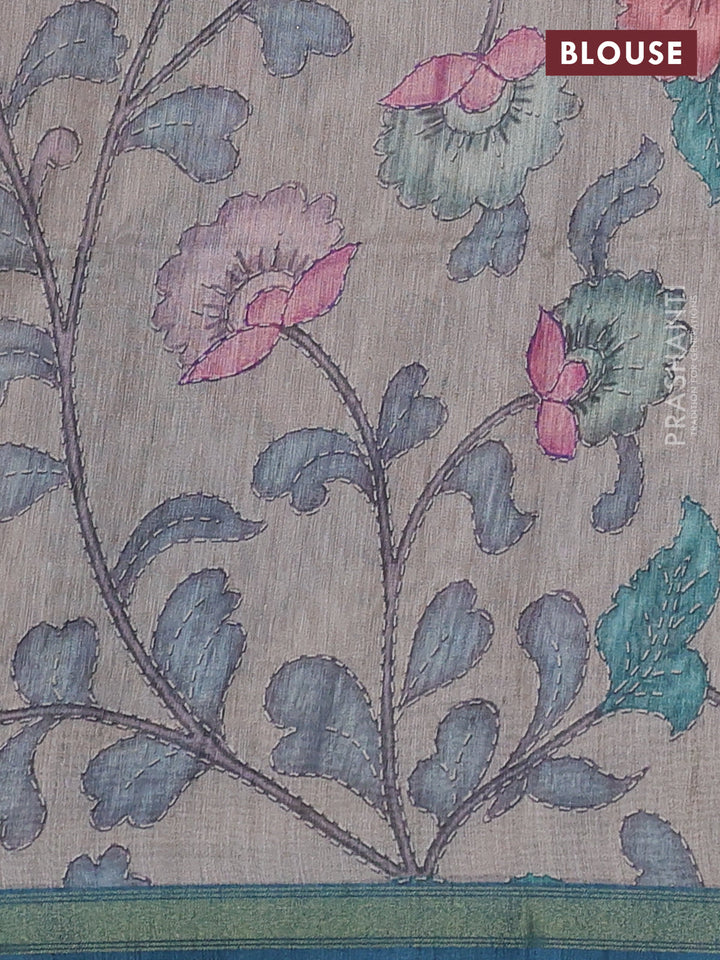 Art linen saree peacock blue and pastel grey with allover kalamkari prints and zari woven border