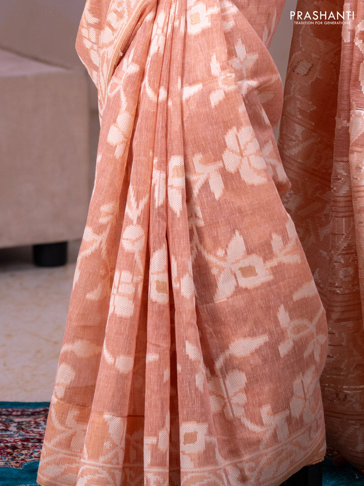 Linen cotton saree peach shade with allover jamdhani weaves