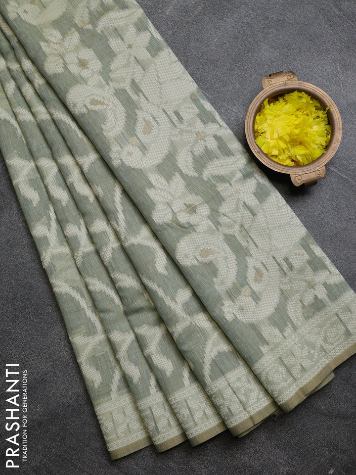 Linen cotton saree pastel green shade with allover jamdhani weaves