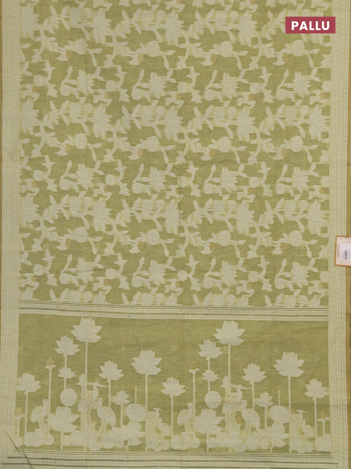 Linen cotton saree pista green with allover jamdhani weaves