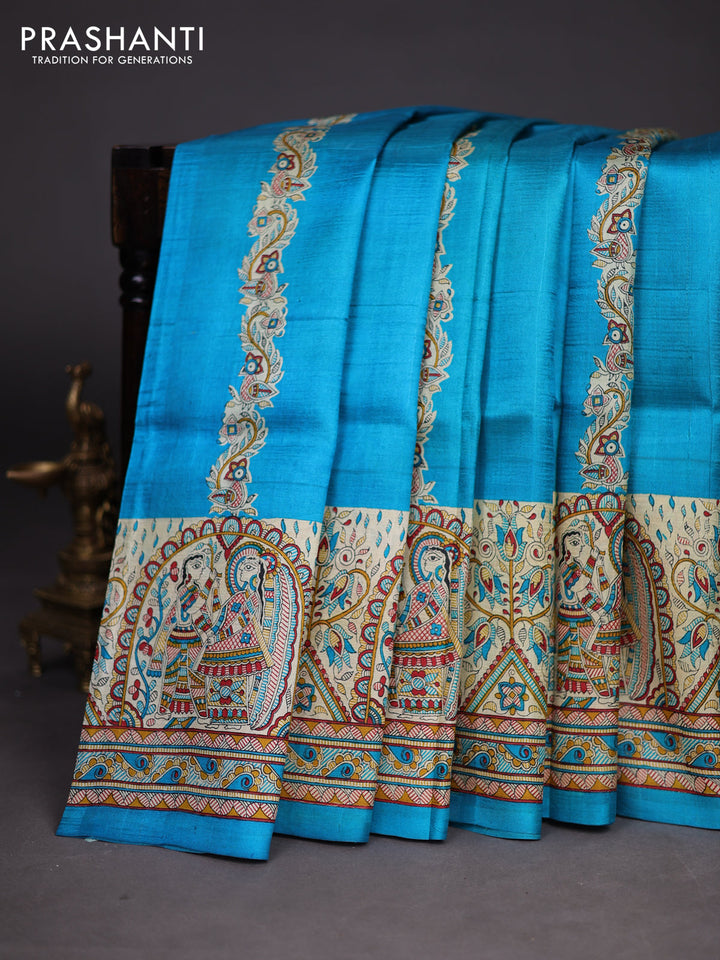 Madhubani printed silk saree teal blue and cream with butta prints and madhubani printed border