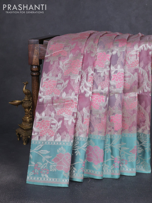 Kora jamdhani silk saree pastel pink and treal green with allover jamdhani weaves and zari woven border
