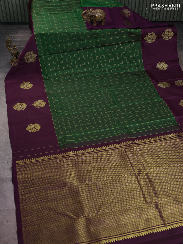 Pure kanchipuram silk saree green and purple with allover zari checked pattern and long zari woven butta border