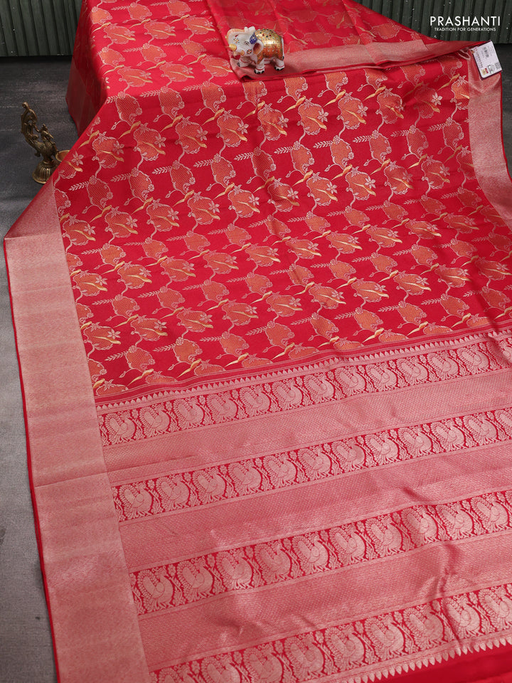 Pure kanchipuram silk saree red with allover silver & gold zari woven brocade weaves and zari woven border
