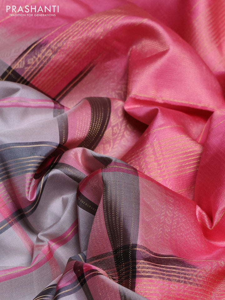 Pure soft silk saree grey and light pink with allover zari checked pattern in borderless style