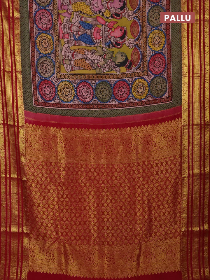 Pure kanchipuram silk saree lime green and maroon with allover penkalamkari prints and rich zari woven border