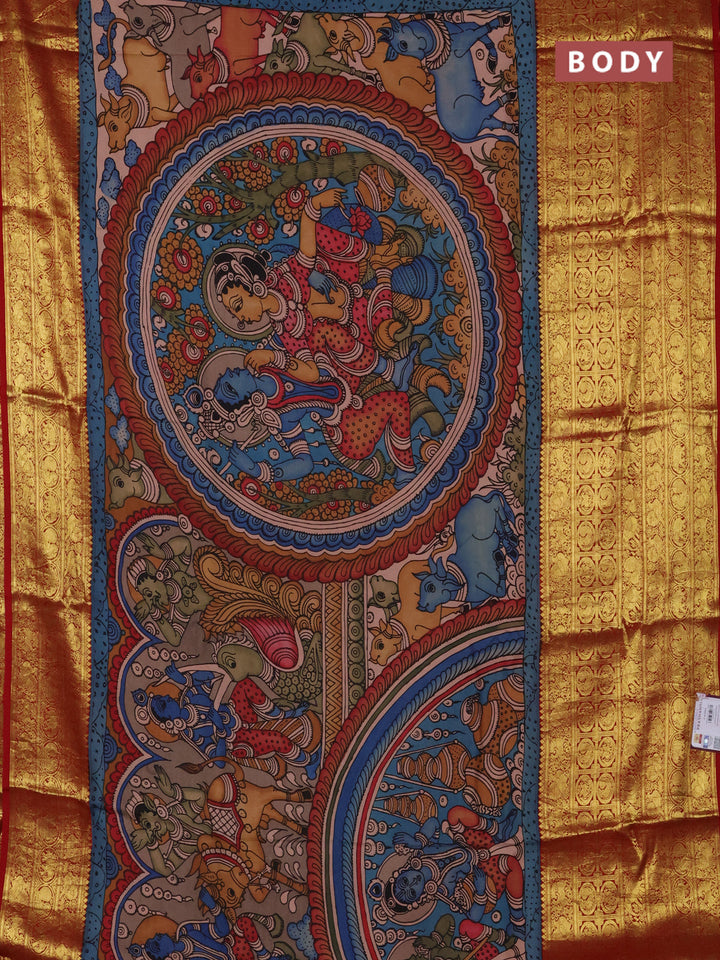 Pure kanchipuram silk saree grey and maroon with allover penkalamkari prints and long rich zari woven border
