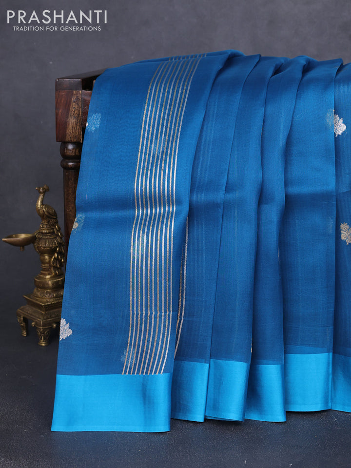 Banarasi organza silk saree peacock blue with silver & gold zari woven buttas and simple border