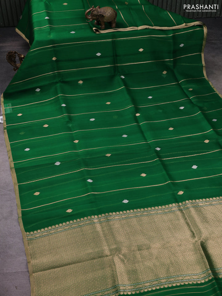 Banarasi organza silk saree green with allover zari stripes pattern & butas and zari woven border