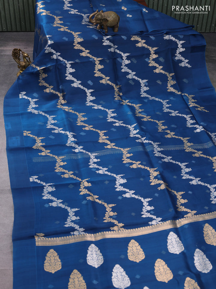 Banarasi organza silk saree peacock green with allover silver & gold zari weaves and simple border