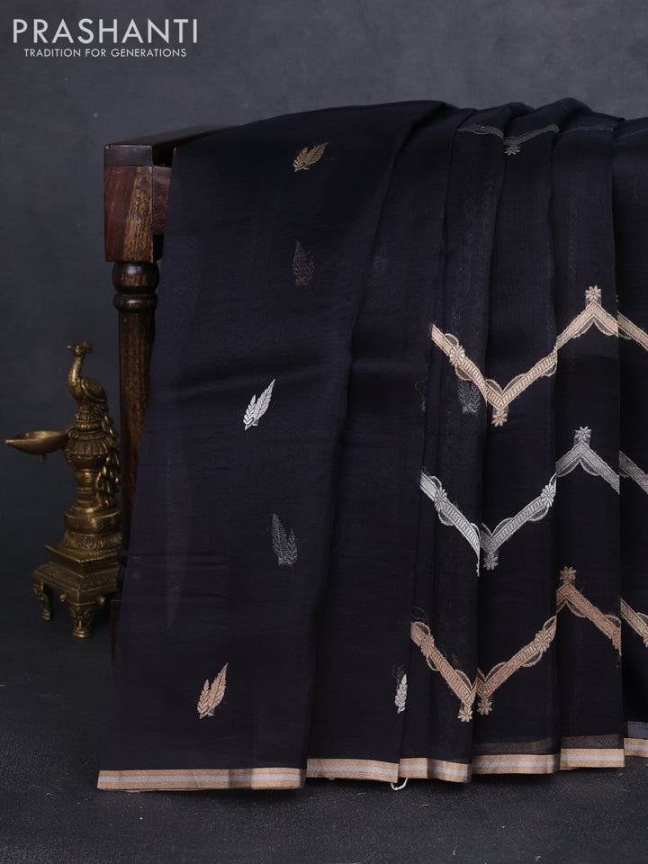 Banarasi organza silk saree black with allover silver & gold zig zag zari weaves and zari woven border
