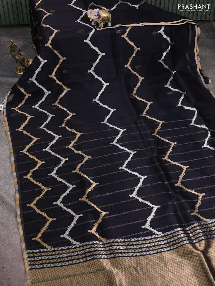 Banarasi organza silk saree black with allover silver & gold zig zag zari weaves and zari woven border