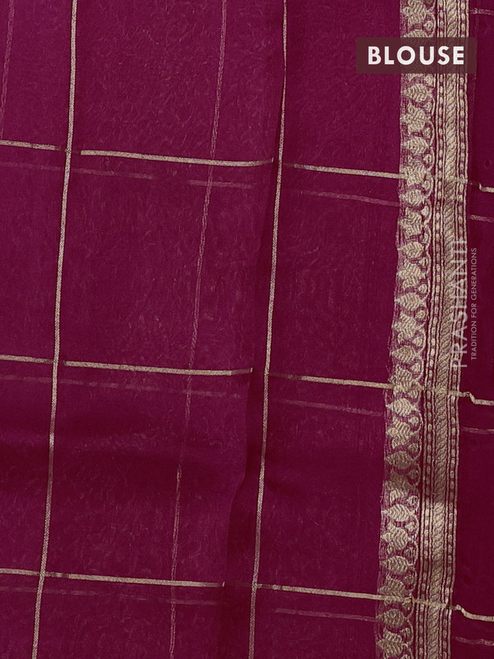 Banarasi organza silk saree magenta pink with allover zari checks & buttas and zari woven border