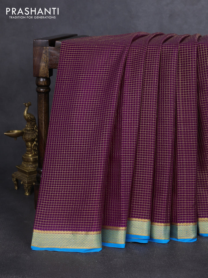 Pure mysore silk saree wine shade and cs blue with allover small zari checked pattern and zari woven border