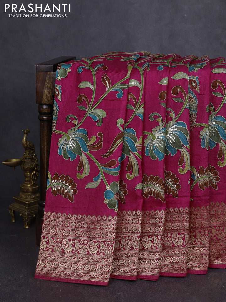 Banarasi crepe saree pink with kalamkari prints & sequin embroidery work and zari woven border