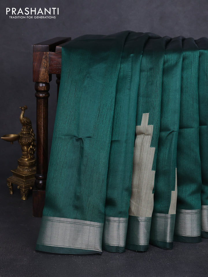 Semi dupion saree bottle green with plain body and mural printed pallu