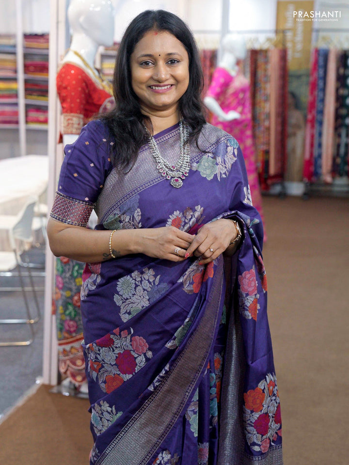 Pure banarasi silk saree blue with thread & zari woven floral buttas and zari woven border