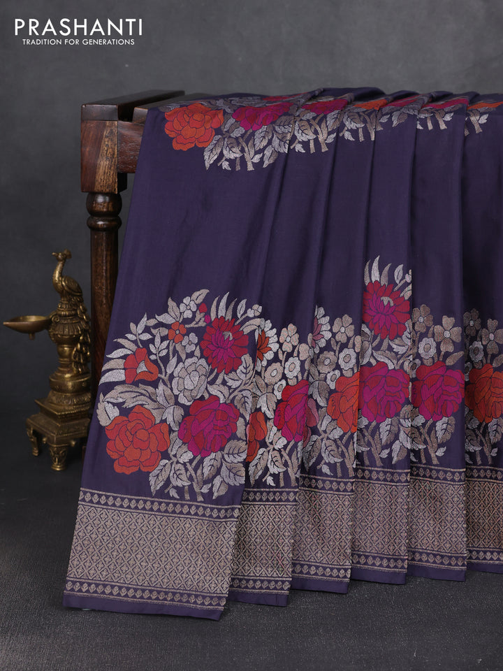 Pure banarasi silk saree blue with thread & zari woven floral buttas and zari woven border