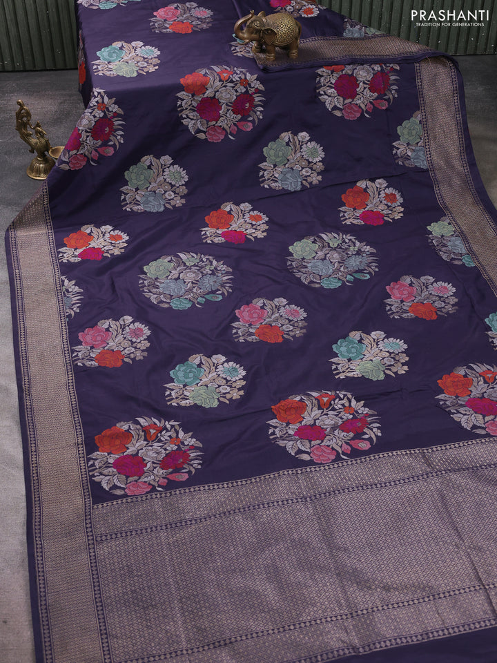 Pure banarasi silk saree blue with thread & zari woven floral buttas and zari woven border