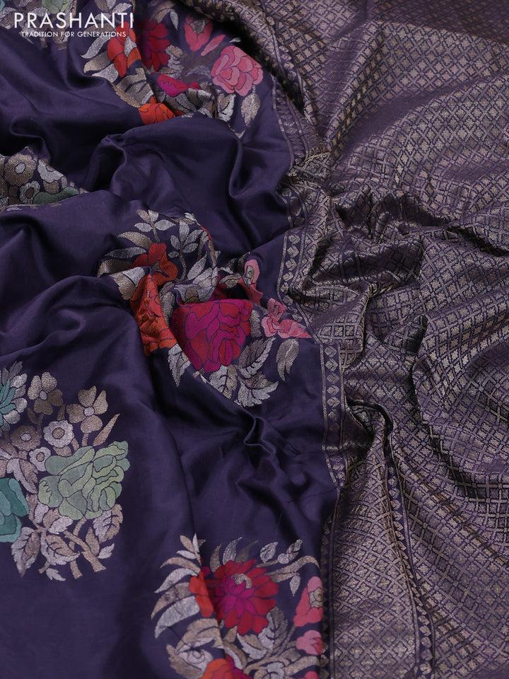 Pure banarasi silk saree blue with thread & zari woven floral buttas and zari woven border
