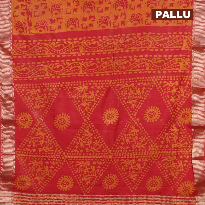 Binny Silk saree red and mustard shade with allover batik prints and zari woven border - {{ collection.title }} by Prashanti Sarees