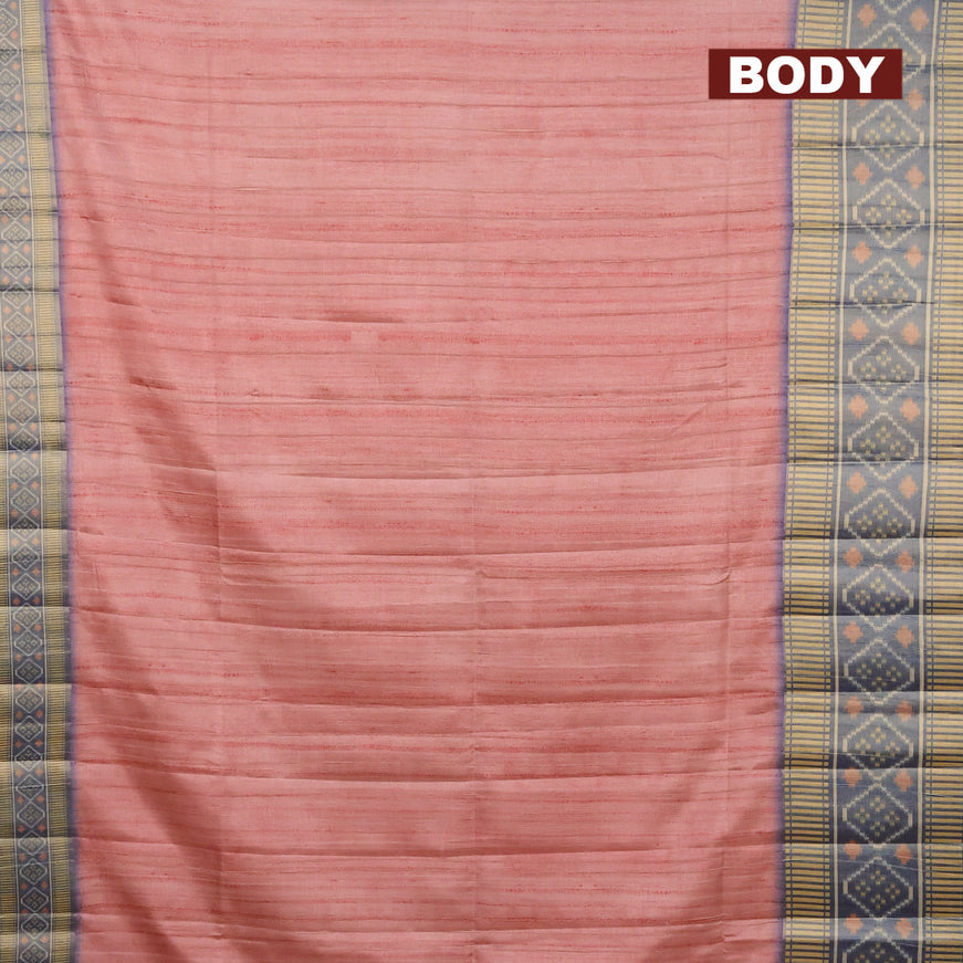 Semi matka saree pastel maroon shade and blue with plain body and ikat style border