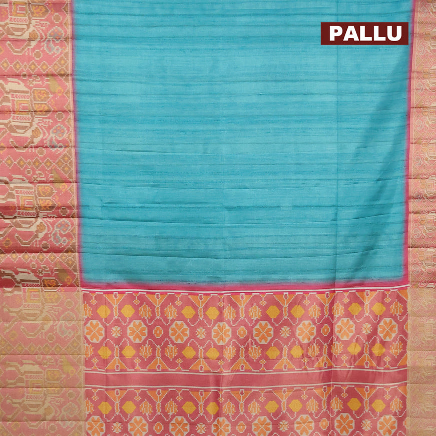 Semi matka saree teal blue and pink with plain body and ikat style border