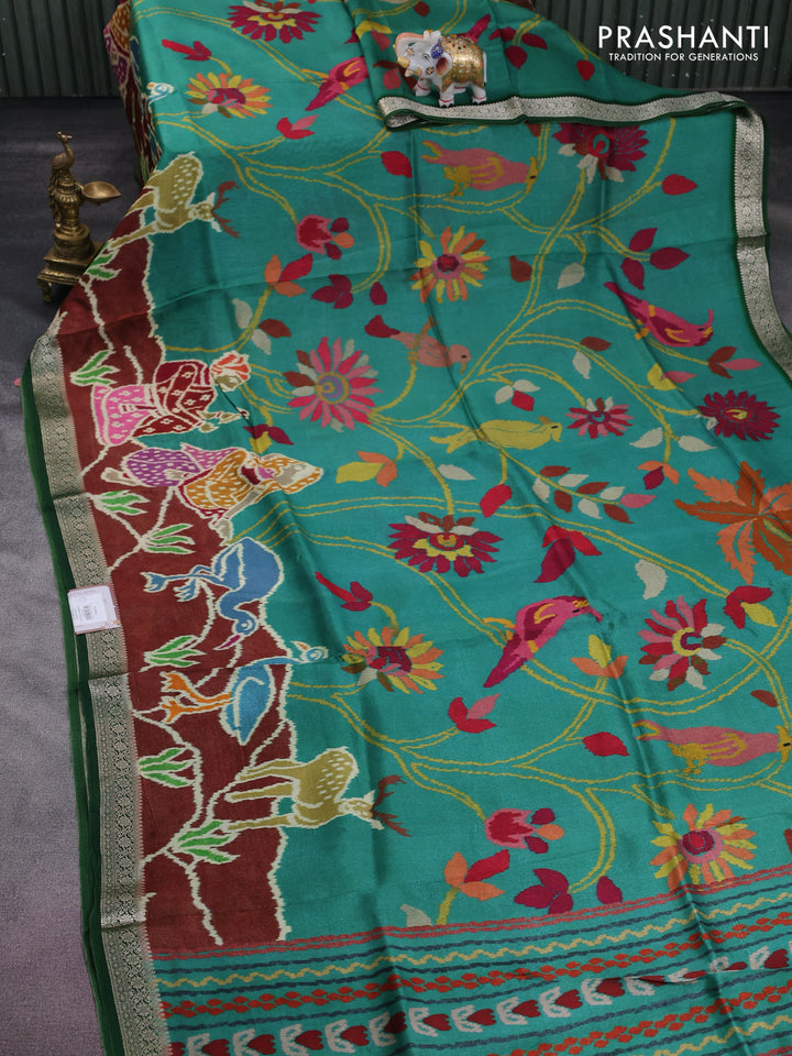 Tussar georgette silk saree green and maroon with allover digital prints and zari woven border