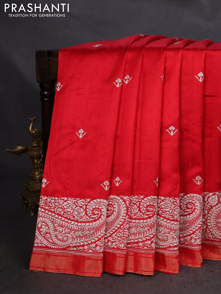 Pure raw silk saree red with embroidery buttas and paisley embroidery border