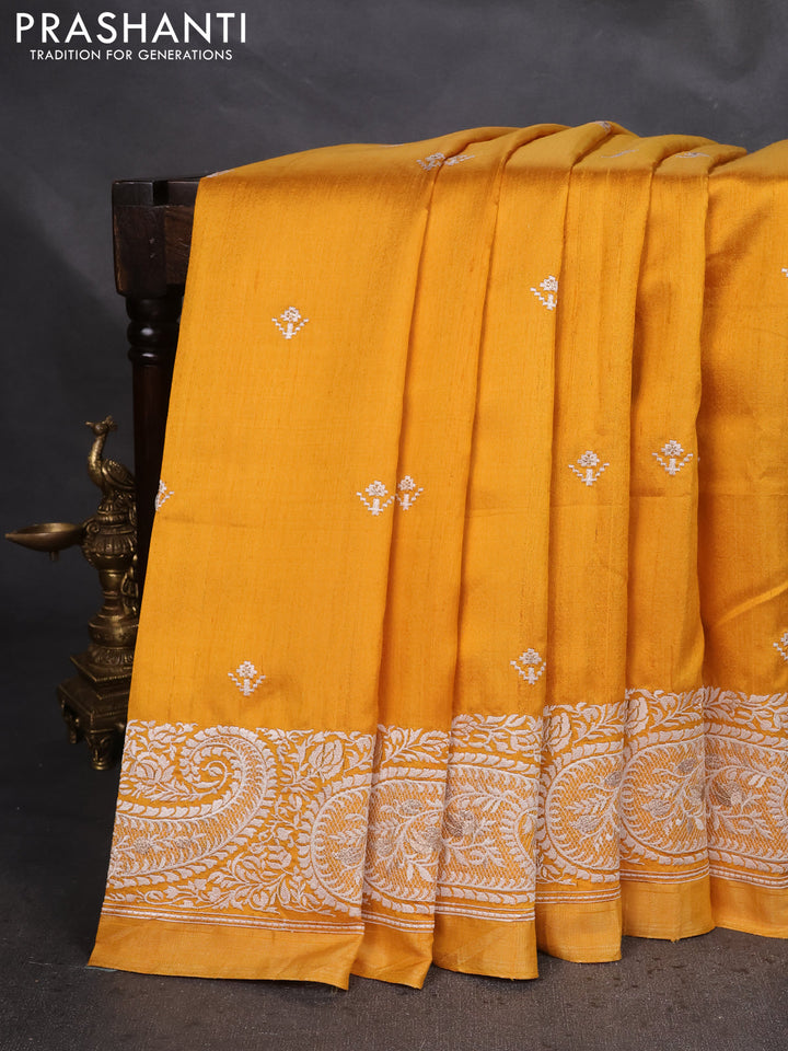 Pure raw silk saree mustard yellow with embroidery buttas and paisley embroidery border