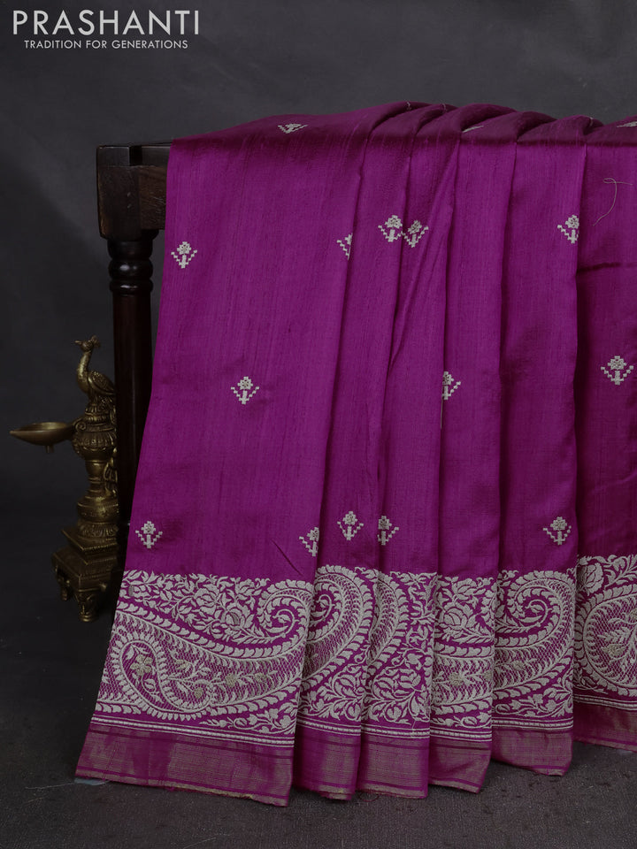 Pure raw silk saree magenta pink with embroidery buttas and paisley embroidery border