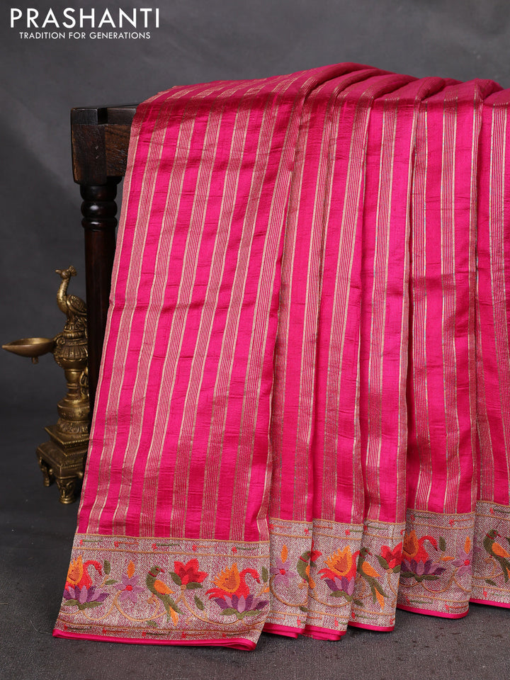 Pure raw silk saree pink with allover zari woven stripe pattern and embroidery pallu & border