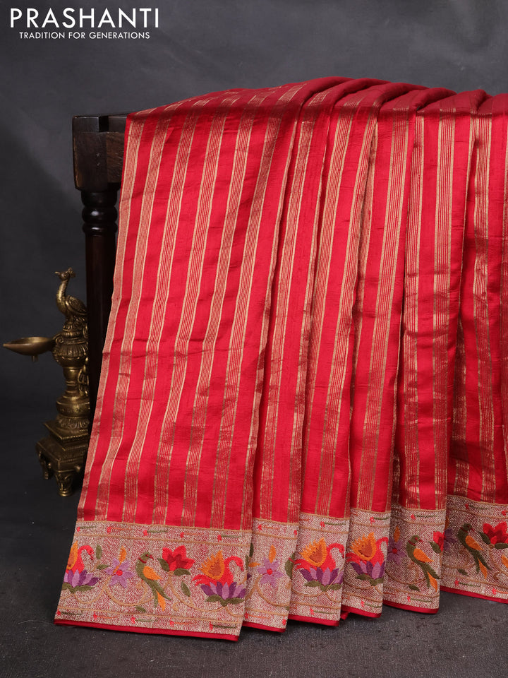 Pure raw silk saree red with allover zari woven stripe pattern and embroidery pallu & border