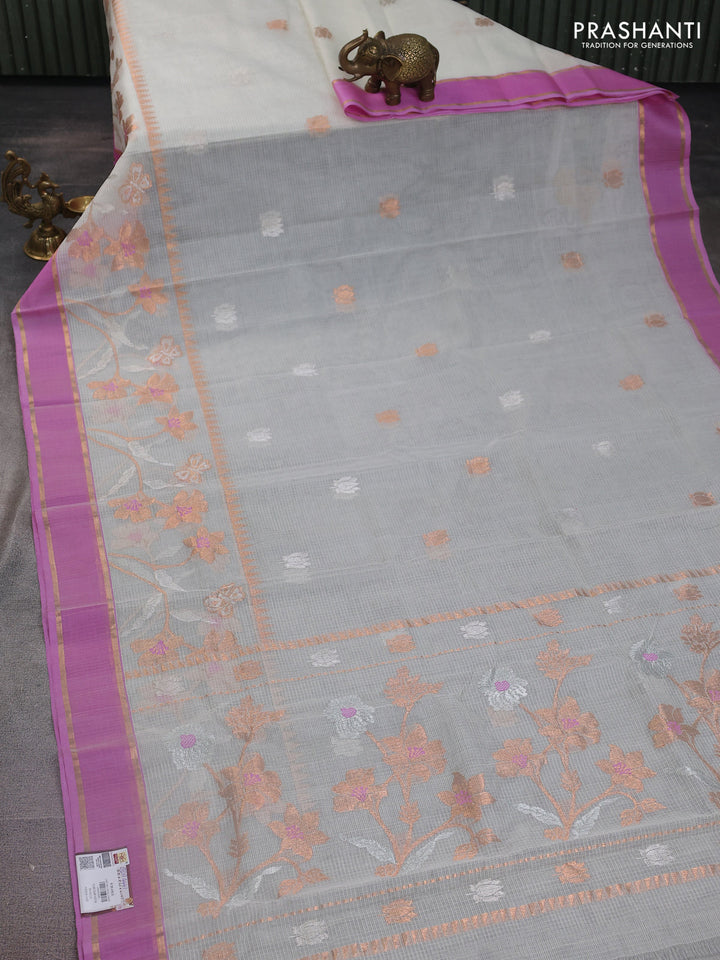 Pure zari kota silk saree cream and light pink with silver & copper zari woven floral buttas and floral design rettapet zari woven border
