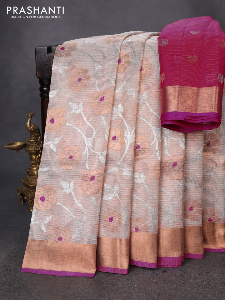 Pure zari tissue kota silk saree beige and pink with allover silver & copper floral zari weaves and copper zari woven border