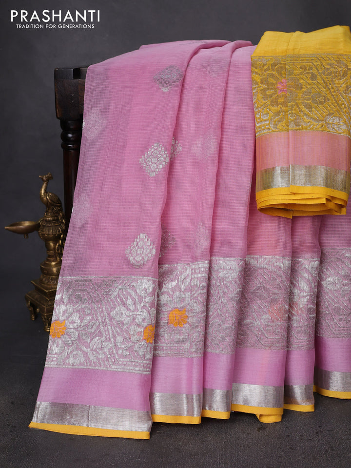 Pure zari kota silk saree baby pink and yellow with silver zari woven buttas and silver zari woven border