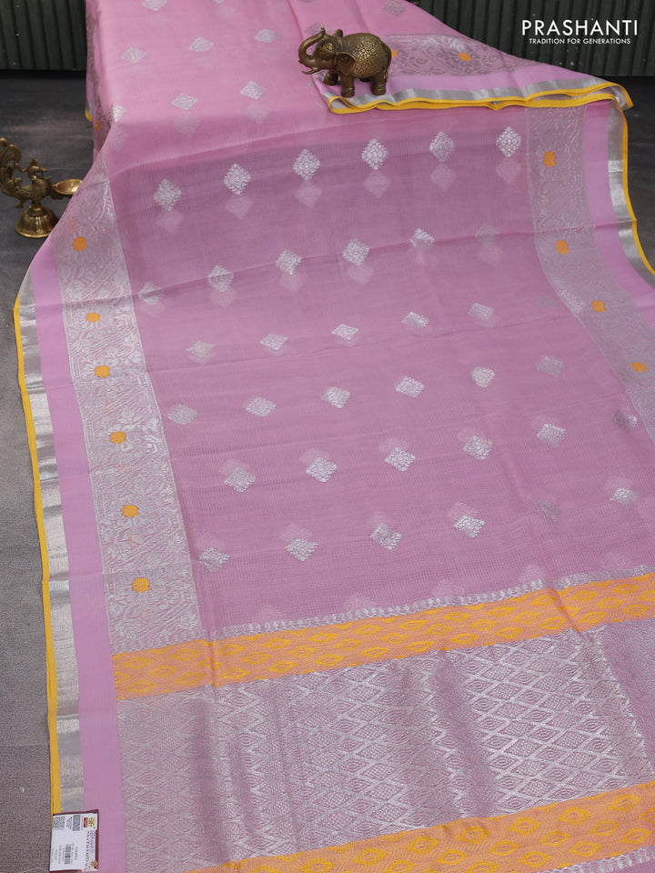 Pure zari kota silk saree baby pink and yellow with silver zari woven buttas and silver zari woven border