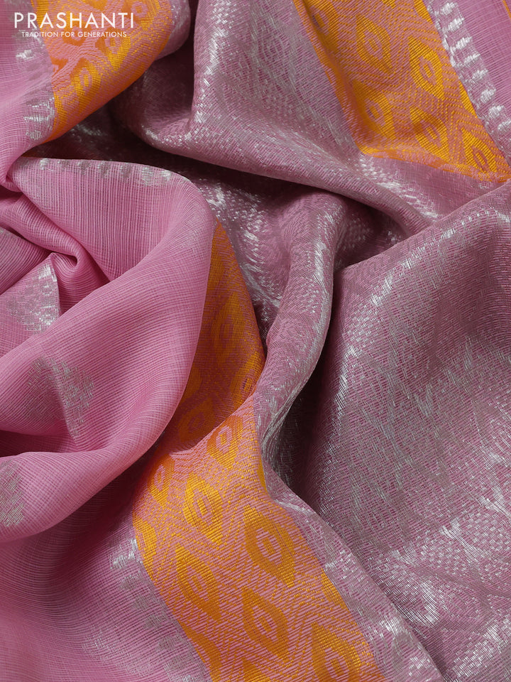 Pure zari kota silk saree baby pink and yellow with silver zari woven buttas and silver zari woven border