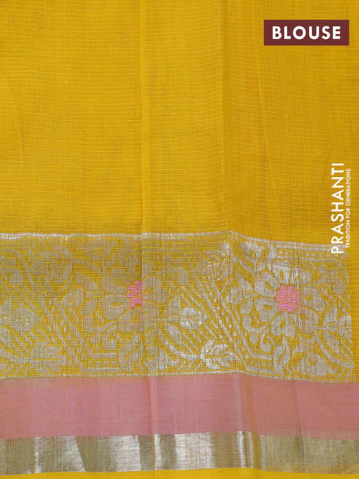 Pure zari kota silk saree baby pink and yellow with silver zari woven buttas and silver zari woven border