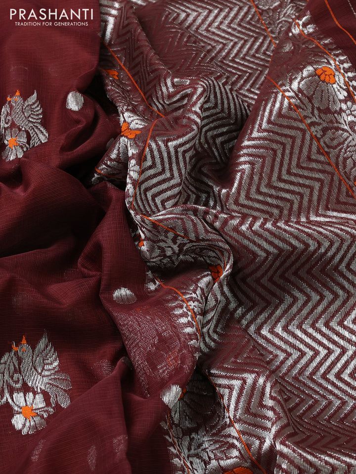 Pure zari kota silk saree brown and orange with silver zari woven buttas and floral design silver zari woven border