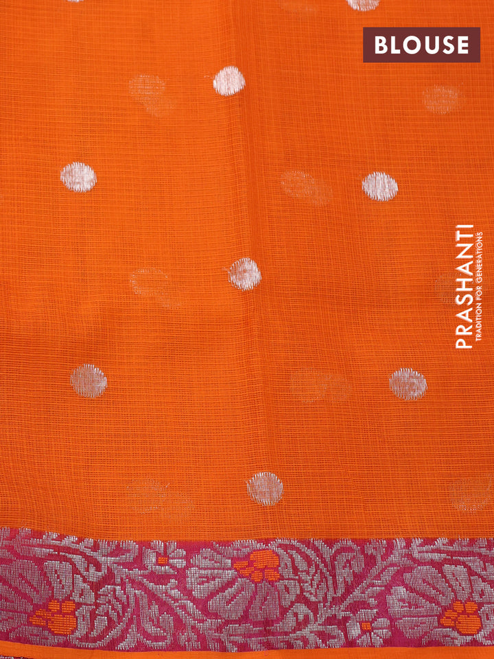Pure zari kota silk saree brown and orange with silver zari woven buttas and floral design silver zari woven border