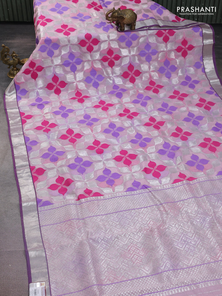 Pure zari kota silk saree baby pink and violet with thread & silver zari weaves and silver zari woven border
