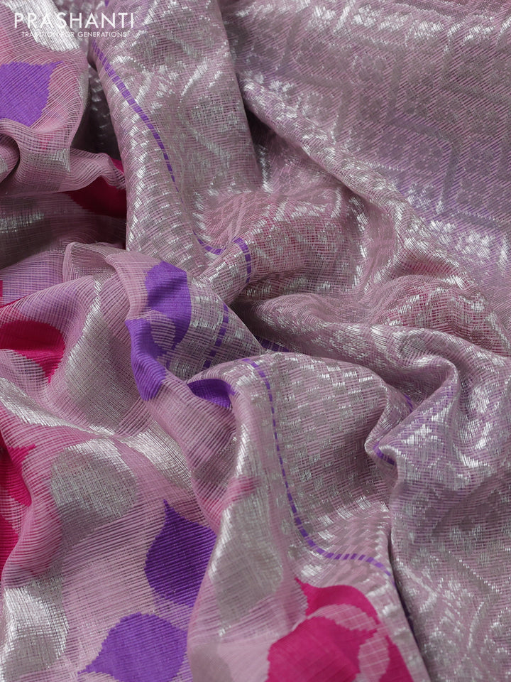 Pure zari kota silk saree baby pink and violet with thread & silver zari weaves and silver zari woven border